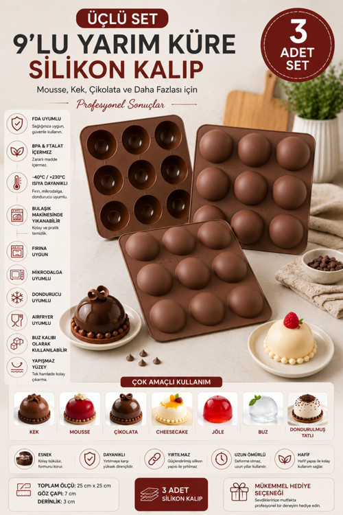 3'lü SET 9'lu Silikon Yarım Küre Kalıp | Yapışmaz Mousse, Çikolata, Mini Kek ve Tatlı Kalıbı | BPA İçermez | 25x25 cm
