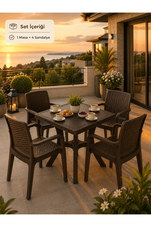 Rattan Bahçe & Balkon Masa Sandalye Seti | 70x70 CM Kare Masa + 4 Kollu Sandalye