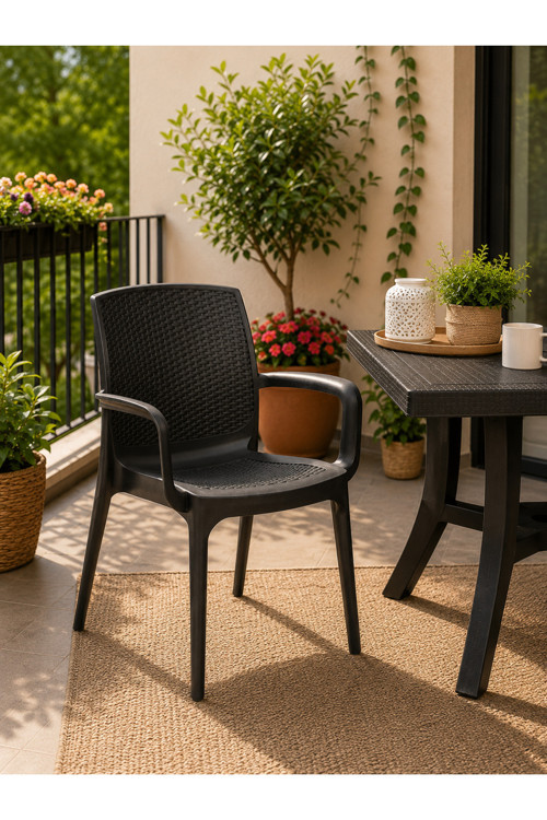 Premium Rattan Desenli, Dayanıklı, Kollu Bahçe & Balkon Sandalyesi (2 ADET)