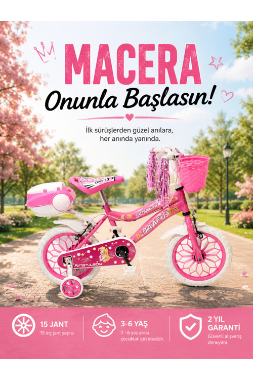 First Lady Premium 15 Jant Çocuk Bisikleti | Sepetli, Zilli, Yan Destek Tekerli | 3-6 Yaş