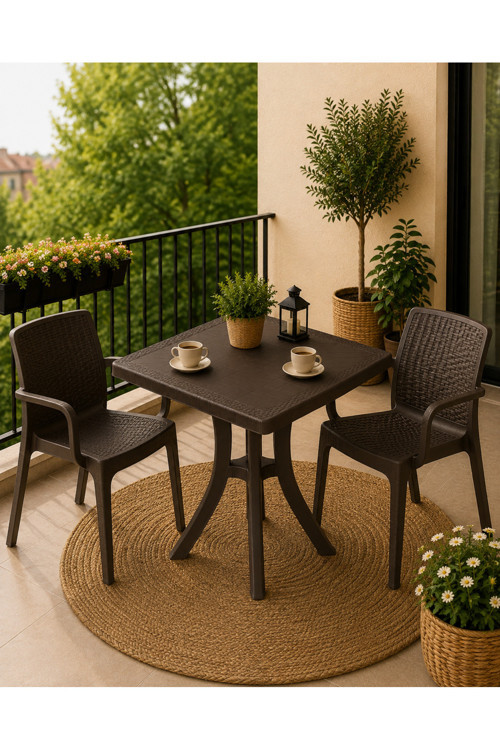Rattan Bahçe & Balkon Masa Sandalye Seti | 70x70 CM Kare Masa + 2 Adet Sandalye