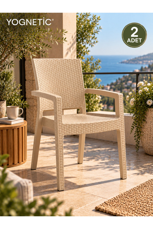 Rattan Desenli, Dayanıklı, Kollu Sandalye | Bahçe, Balkon, Teras Sandalyesi - 2 ADET