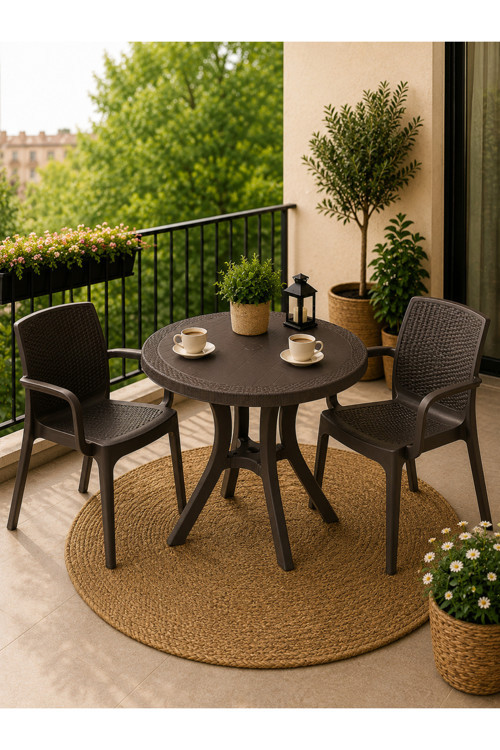Rattan Bahçe & Balkon Masa Sandalye Seti | 80 CM Yuvarlak Masa + 2 Sandalye