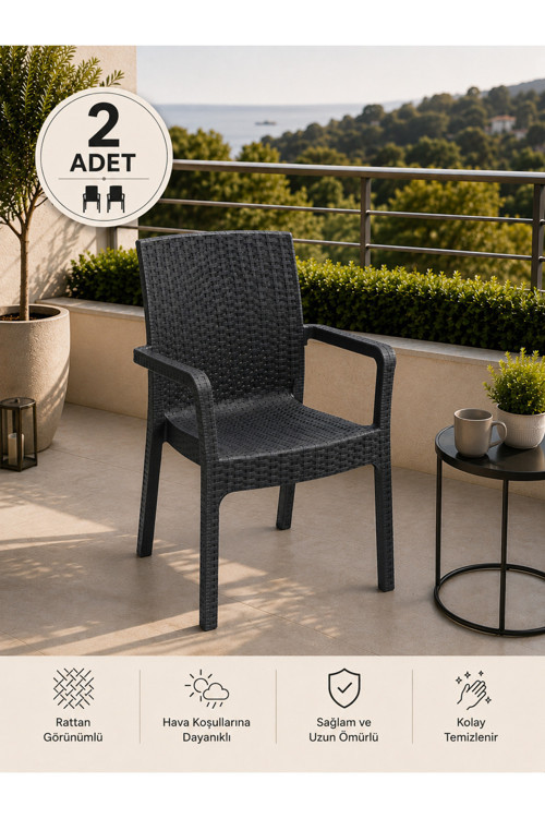 Veyra Rattan Kollu Plastik Bahçe & Balkon Sandalyesi | Dayanıklı, Geniş Oturum - 2 ADET