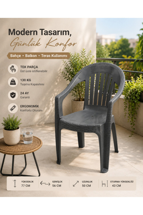 Rattan Desenli Kollu Sandalye | Bahçe & Balkon Sandalyesi - 2 ADET
