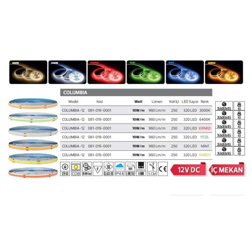 Horoz Columbıa 12 Volt Ambar Cob Şerit Led - 10 Watt 5 Metre 333135