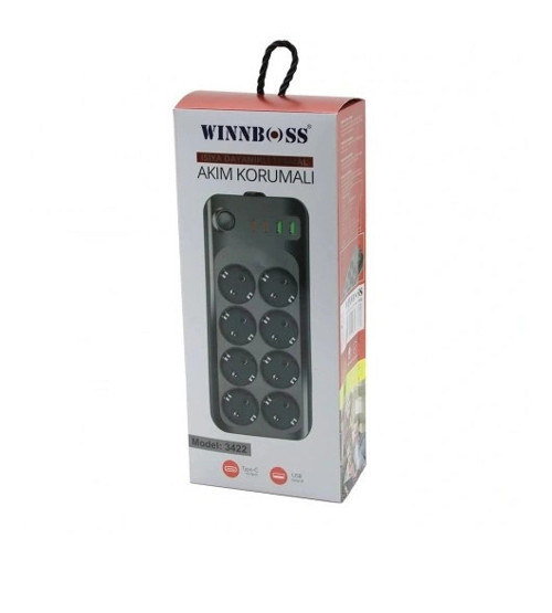 Wınnboss 3422 Termal Akım Kısa Devre Korumalı 8 Li Priz 2+2 Usb-type-c 2mt Anahtarlı Uzatma Kablosu