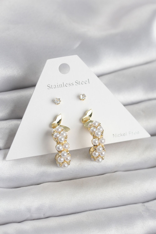 Pirinç Renk Kelebek Detaylı Kadın Küpe Seti