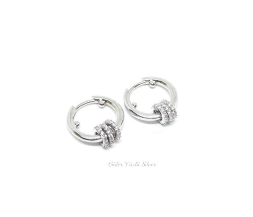 12 MM 3 HALKALI GÜMÜŞ HALKA KÜPE - RODYUM KAPLAMA (BEYAZ)