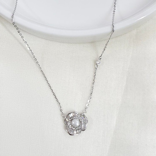 İTHAL 12 MM İNCİLİ GÜL GÜMÜŞ KOLYE 40+4 CM