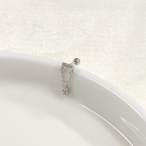 SALLANTILI ZİNCİRLİ TEK TAŞ GÜMÜŞ TRAGUS PIERCING - RODYUM BEYAZ