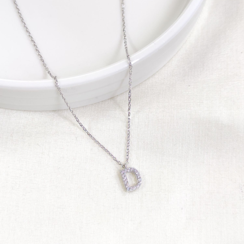 1 CM TAŞLI D HARF GÜMÜŞ KOLYE 40+5 CM - RODYUM BEYAZ