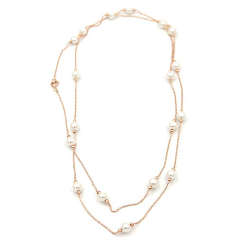 90 CM İNCİ TOP GÜMÜŞ ZİNCİR KOLYE - ROSE BAKIR