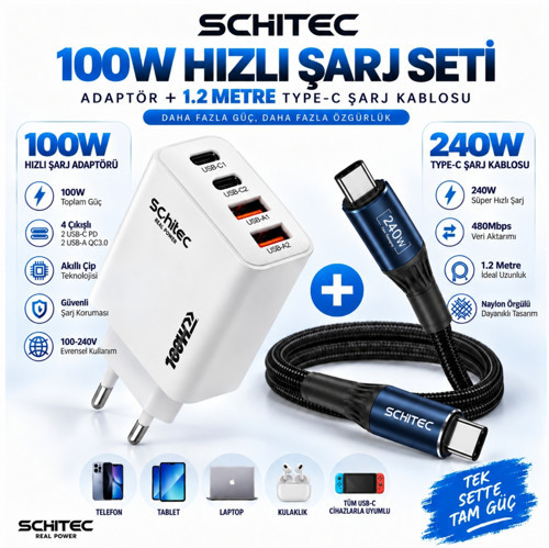 100W 4 Çıkışlu Hızlı Şarj Başlığı ve 240W Type-C to Type-C Süper Hızlı Şarj Kablosu