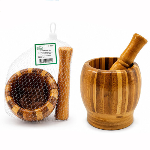 AHŞAP BAMBU - ÇİZGİLİ HAVAN SARIMSAK DÖVECEK Ç: 8CM--D: 7CM--Y:10.5CM FİLELİ AMBALAJ
