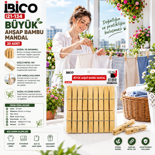 20PCS BÜYÜK AHŞAP BAMBU MANDAL