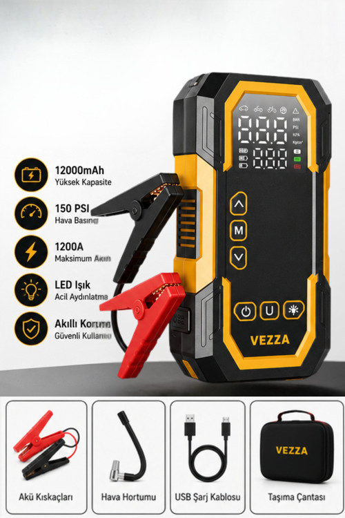 4'ü 1 Arada 90W Şarjlı Akü Ateşleyici Lastik Şişirici Powerbank Led Işık 150psi Yüksek Basınçlı