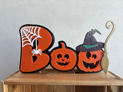 3D Baskı Boo Yazılı Halloween Masa Süsü Örümcek Ağı Balkabağı Detaylı Cadılar Bayramı Dekoru Turuncu Siyah