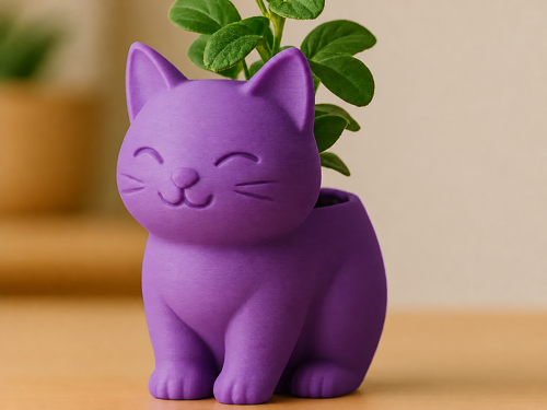 3D Baskı Sevimli Kedi Saksı - Figürlü Sukulent Saksısı-Mor