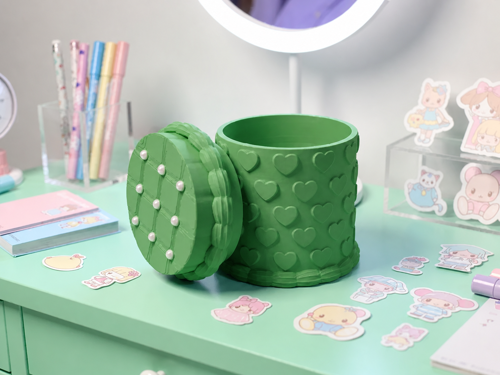 3D Baskı Kabartma Kalp Desenli Kapaklı Kalemlik - Masaüstü Organizer - Yeşil