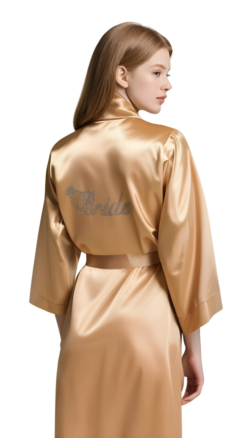 Gold Saten Bride Sabahlık Zarif Kadın Ev Giyim