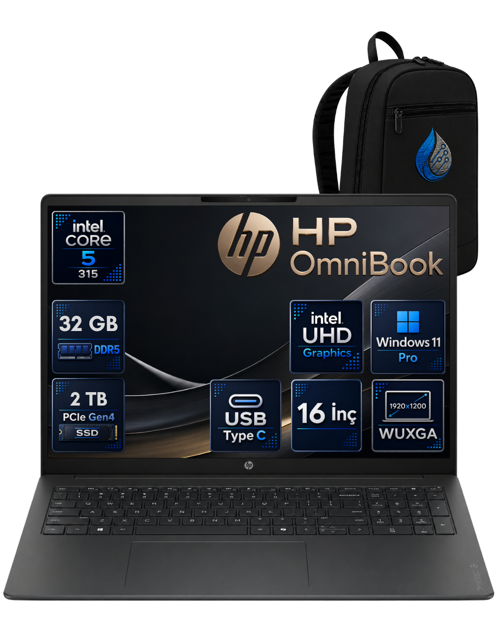 OmniBook Intel Core 5 315 32 GB DDR5 2 TB SSD 16'' WUXGA IPS Windows 11 Pro Dizüstü Bilgisayar DX9T1EARNP11