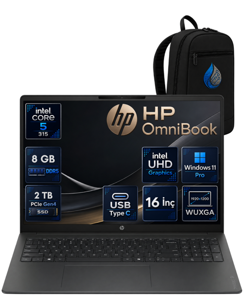 OmniBook Intel Core 5 315 8 GB DDR5 2 TB SSD 16'' WUXGA IPS Windows 11 Pro Dizüstü Bilgisayar DX9T1EARNP03