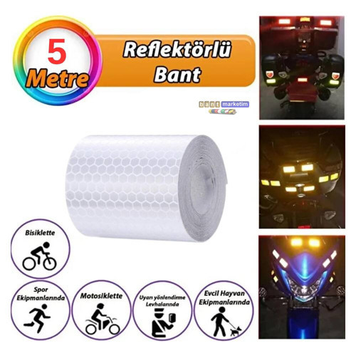 Reflektörlü Reflektif Fosforlu Şerit Bant Petekli Reflekte İkaz Bandı 5 cm x 5 Metre Beyaz