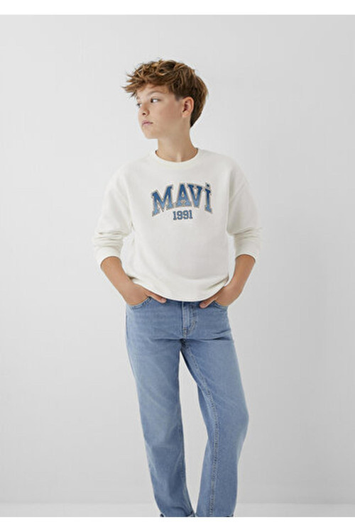M6S10218-70057 Mavi Baskılı Sweatshırt Kırık Beyaz Erkek Çocuk Sweatshirt