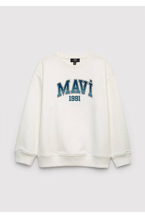 M6S10218-70057 Mavi Baskılı Sweatshırt Kırık Beyaz Erkek Çocuk Sweatshirt
