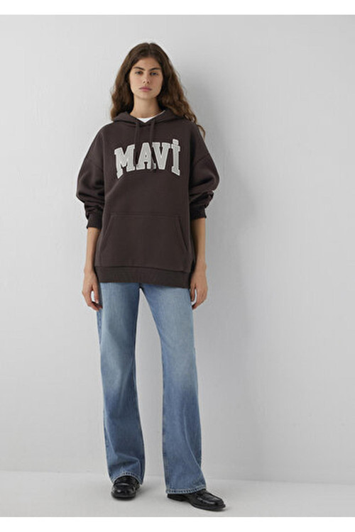 M1600361-70240 Mavi Logo Kapüşonlu Kadın Sweatshırt