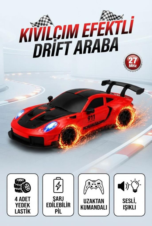 Uzaktan Kumandalı Kıvılcım Efekt Porsche Drift Yarış Arabası 4 Adet Yedek Lastik 26 cm Sesli Oyuncak KIRMIZI