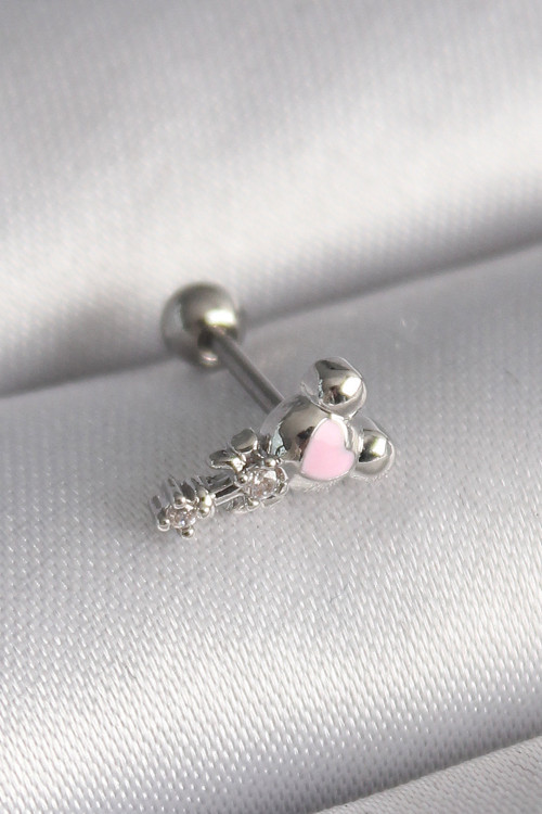 316L Çelik Gümüş Renk Zirkon Taş Detay Pembe Kalp İşleme Tragus Piercing TJ-PR1281