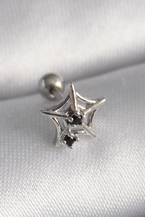 316L Çelik Gümüş Renk Siyah Zirkon Taş Detay Örümcek Ağ Model Tragus Piercing TJ-PR1293