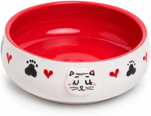 Lüks Seramik Mama Kabı Pati Kedi Köpek Kalp Desen Kabartmalı Doğal Renkli Kedi ve Köpek Yemek Su Kasesi, Devrilmez Premium Dekoratif Porselen Yapı 1 Adet Tekli (KIRMIZI)