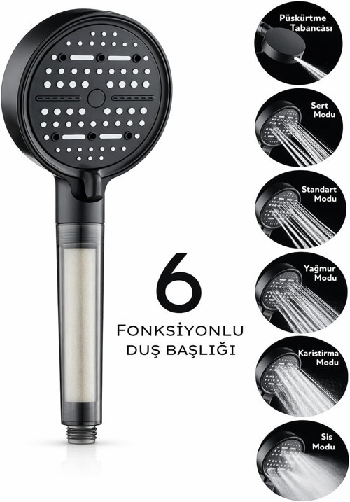 6 Fonksiyonlu Filtreli Duş Başlığı Yüksek Basınçlı Su Tasarruflu Filtre Sistemli Kireç ve Klor Önleyici Duş Başlığı
