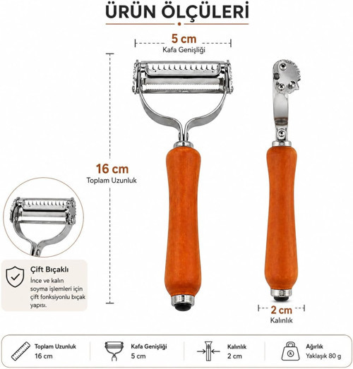 Çift Bıçaklı Ahşap Saplı Soyacak - Çift Bıçaklı Ahşap Saplı Sebze ve Meyve Soyacak – Paslanmaz Çelik Ultra Keskin Tırtıklı & Düz Bıçaklı, Ergonomik Kaymaz Sap, Patates Havuç Kabak Elma