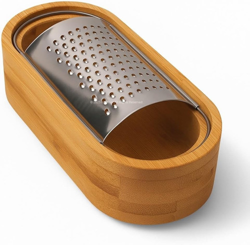 Ahşap Bambu Hazneli, Yatay Oval Metal Bombeli, Çok Amaçlı İnce Rende, 7 x 15,5 cm, Peynir, Sarımsak, Sebze, Çikolata, Dayanıklı, Pratik Temizlenebilir, Ergonomik Mutfak Rende