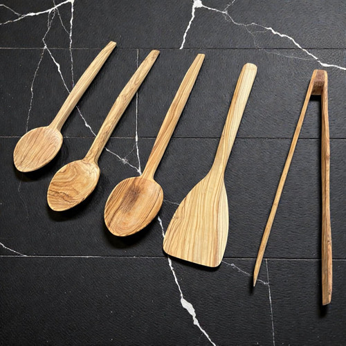 El Yapımı Doğal Zeytin Ağacı 5 Parça Mutfak Seti - Sağlıklı Pişirme ve Servis Gereçleri (3 Boy Kaşık, Spatula ve Servis Maşası)