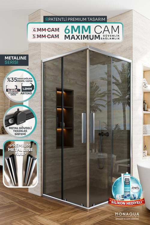 Arteko Metaline Duşakabin Parlak Profil – 6 mm Füme Temperli Cam