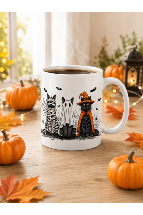 Halloween Cats, Cadılar Bayramı Temalı, Çift Taraflı Süblimasyon Baskı Kupa, Hediyelik Kupa, Kahve Kupası