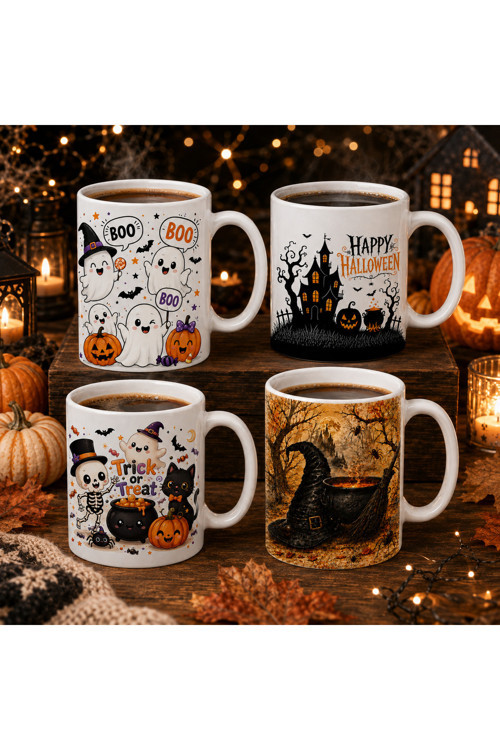 4'Lü Halloween, Cadılar Bayramı Temalı, Çift Taraflı Süblimasyon Baskı Kupa, Hediyelik Kupa, Kahve Kupası Seti