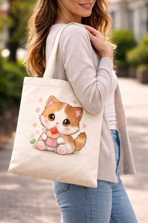 Kedi Temalı Baskılı Ham Bez Çanta, Omuz Çantası, Alışveriş Bez Çanta, Süblimasyon Baskılı Bez Çanta
