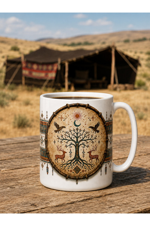 Tengri Davulu Ve Hayat Ağacı Temalı, Çift Taraflı Süblimasyon Baskı Kupa, Hediyelik Kupa, Kahve Kupası