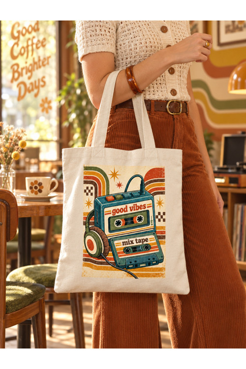 Retro Temalı, Ham Bez Çanta,Süblimasyon Baskı, Omuz Çantası, Alışveriş Çantası