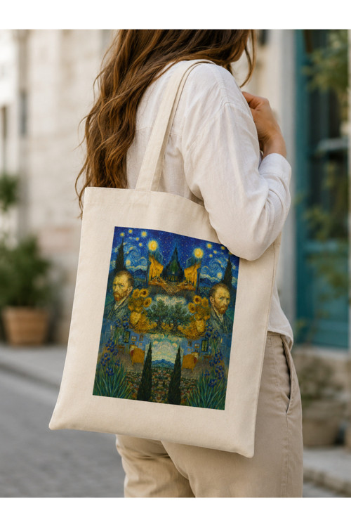 Van Gogh Serisi Baskılı Ham Bez Çanta, Omuz Çantası, Alışveriş Bez Çanta, Süblimasyon Baskılı Bez Çanta
