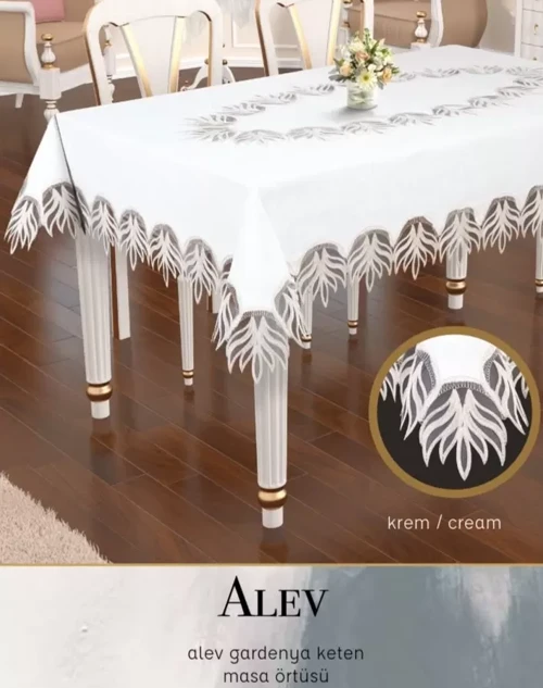 Gardenya Keten Alev Model Krem 160x260 cm Tek Masa Örtüsü Zarif Yemek Dekoru