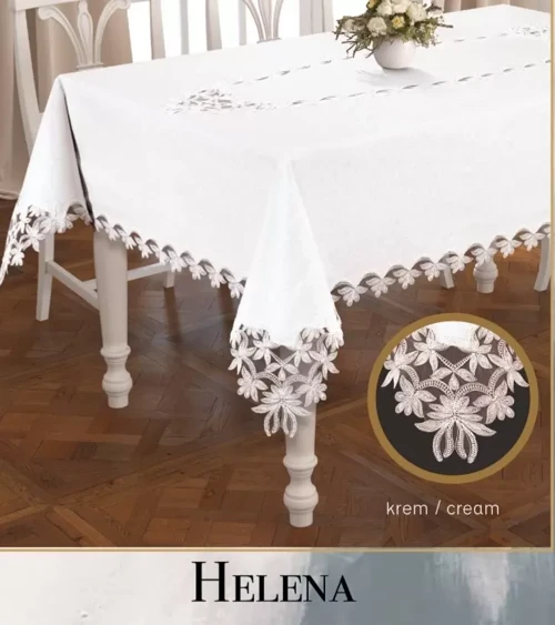 Helena Model Krem Keten Tek Masa Örtüsü 155x260 cm Dantelli Şık Yemek Masası