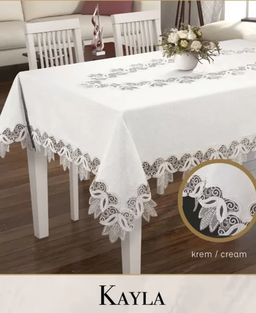 Kayla Model Krem 155x220 cm Keten Dantel Dekoratif Zarif Yemek Masası Örtüsü