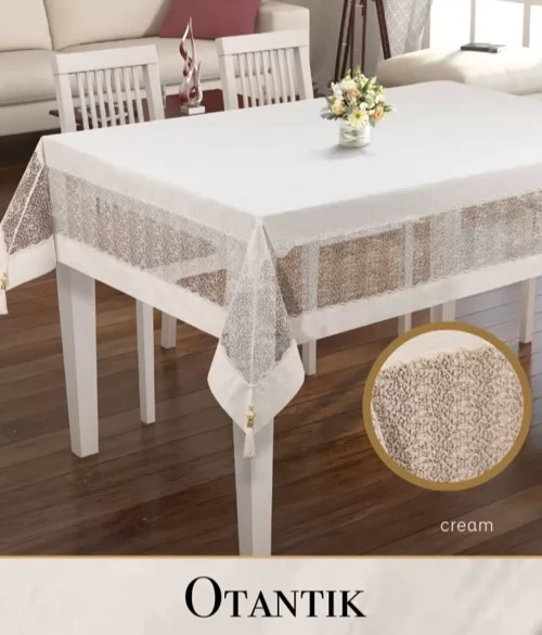 160x260 cm Otantik Krem Keten İşlemeli Masa Örtüsü Dantelli Şık Tasarım